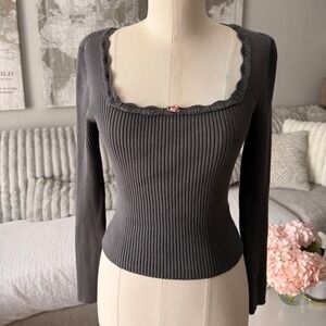 Planet Heart Charcoal Gray Ribbed Long Sleeve Square Neck Rosette Top Womens M